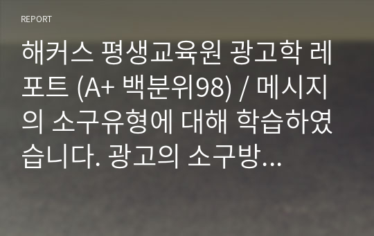 해커스 평생교육원 광고학 레포트 (A+ 백분위98) / 메시지의 소구유형에 대해 학습하였습니다. 광고의 소구방법에 대해 설명하고, 최근 광고 중 공포소구 광고와 유머소구 광고에 대한 예를 찾아봅시다