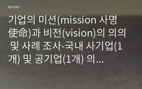 기업의 미션(mission 사명 使命)과 비전(vision)의 의의 및 사례 조사-국내 사기업(1개) 및 공기업(1개) 의 미션, 비전 사례를 조사 설명