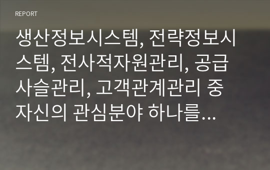 생산정보시스템, 전략정보시스템, 전사적자원관리, 공급사슬관리, 고객관계관리 중 자신의 관심분야 하나를 택한 후 다음 형식을 따라 서술하시오.