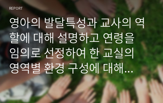 영아의 발달특성과 교사의 역할에 대해 설명하고 연령을 임의로 선정하여 한 교실의 영역별 환경 구성에 대해 서술