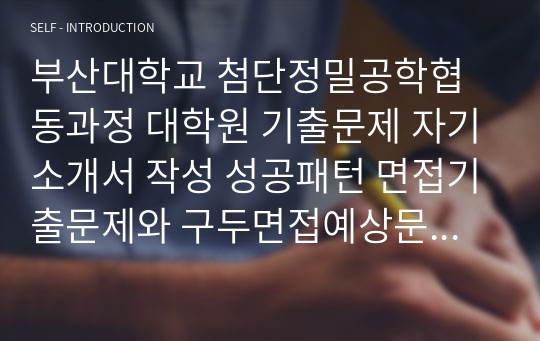 부산대학교 첨단정밀공학협동과정 대학원 기출문제 자기소개서 작성 성공패턴 면접기출문제와 구두면접예상문제 논술주제 지원동기작성요령