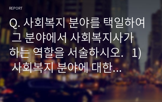 Q. 사회복지 분야를 택일하여 그 분야에서 사회복지사가 하는 역할을 서술하시오.   1) 사회복지 분야에 대한 개념, 특성, 필요성, 서비스내용 정리 , 2) 사회복지사의 역할 정리