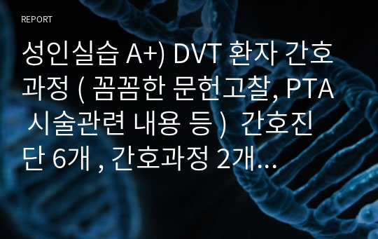 성인실습 A+) DVT 환자 간호과정 ( 꼼꼼한 문헌고찰, PTA 시술관련 내용 등 )  간호진단 6개 , 간호과정 2개 ( 절대 후회안하십니다)