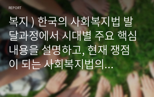 복지 ) 한국의 사회복지법 발달과정에서 시대별 주요 핵심내용을 설명하고, 현재 쟁점이 되는 사회복지법의 문제점과 개선방안을 서술하세요.