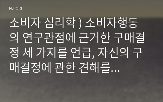 소비자 심리학 ) 소비자행동의 연구관점에 근거한 구매결정 세 가지를 언급, 자신의 구매결정에 관한 견해를 제시하시오