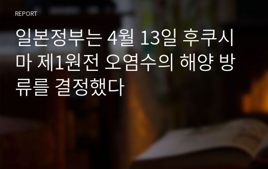 일본정부는 4월 13일 후쿠시마 제1원전 오염수의 해양 방류를 결정했다