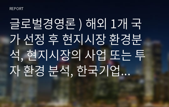 글로벌경영론 ) 해외 1개 국가 선정 후 현지시장 환경분석, 현지시장의 사업 또는 투자 환경 분석, 한국기업에 줄 수 있는 시사점 도출