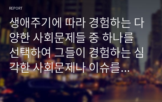 생애주기에 따라 경험하는 다양한 사회문제들 중 하나를 선택하여 그들이 경험하는 심각한 사회문제나 이슈를 찾아 문제점과 해결방안을 제시하시오.