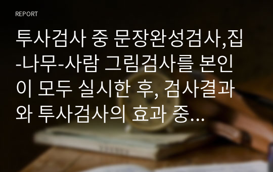 투사검사 중 문장완성검사,집-나무-사람 그림검사를 본인이 모두 실시한 후, 검사결과와 투사검사의 효과 중심으로 서술하시오.