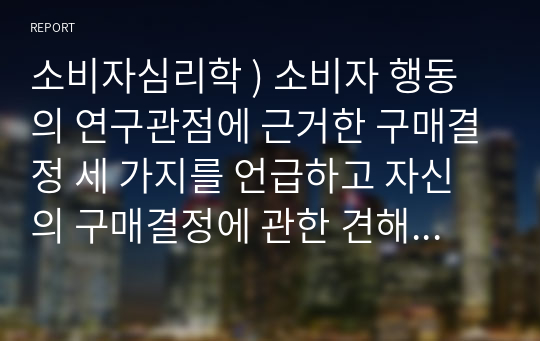 소비자심리학 ) 소비자 행동의 연구관점에 근거한 구매결정 세 가지를 언급하고 자신의 구매결정에 관한 견해를 제시하세요.