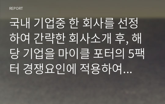 국내 기업중 한 회사를 선정하여 간략한 회사소개 후, 해당 기업을 마이클 포터의 5팩터 경쟁요인에 적용하여 경쟁력을 분석하시오.