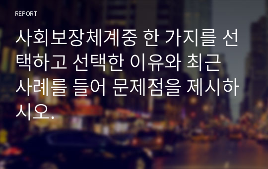 사회보장체계중 한 가지를 선택하고 선택한 이유와 최근 사례를 들어 문제점을 제시하시오.