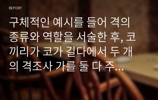 구체적인 예시를 들어 격의 종류와 역할을 서술한 후, 코끼리가 코가 길다에서 두 개의 격조사 가를 둘 다 주격 조사로 봐야 하는지 아니면 다른 것으로 봐야 하는지에 대해 자신의 생각을 논하라.