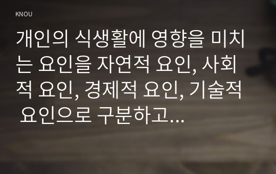 개인의 식생활에 영향을 미치는 요인을 자연적 요인, 사회적 요인, 경제적 요인, 기술적 요인으로 구분하고 각 요인별 세부요인을 구체적으로 설명하시오