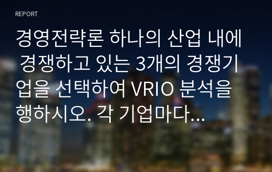 경영전략론 하나의 산업 내에 경쟁하고 있는 3개의 경쟁기업을 선택하여 VRIO 분석을 행하시오. 각 기업마다 적어도 5개의 강점에 대해 분석하되 모방불가능성이 존재하는 강점이 기업당 2개는 존재해야 하며 교재에 설명한 대로 모방불가능성이 존재하는 이유에 대해 설명하시오.