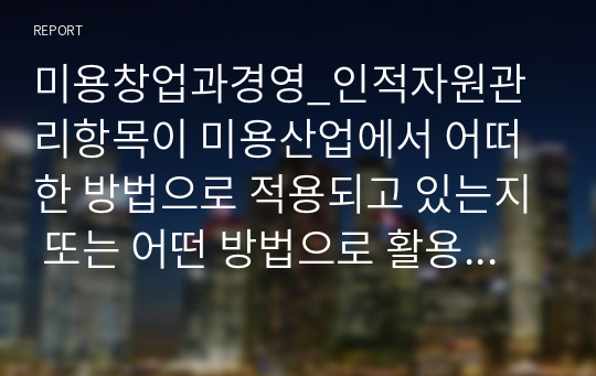 미용창업과경영_인적자원관리항목이 미용산업에서 어떠한 방법으로 적용되고 있는지 또는 어떤 방법으로 활용되었으면 하는지에 대한 방안을 작성하시오.