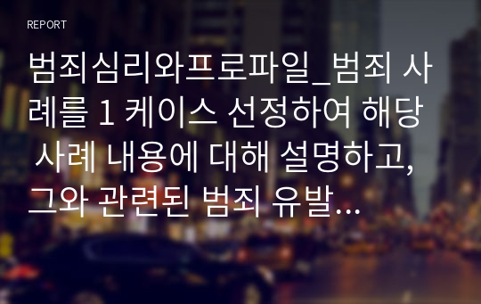 범죄심리와프로파일_범죄 사례를 1 케이스 선정하여 해당 사례 내용에 대해 설명하고, 그와 관련된 범죄 유발 요인을 찾아 해당 사례자의 history(전력)를 제시하고, 해당 케이스에서 그 유발 요인과 관련하여 이에 대한 예방책을 제시하시오.