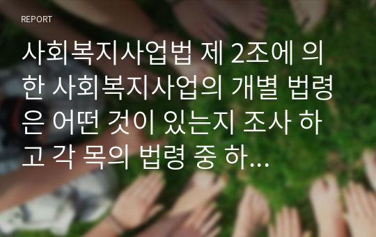 사회복지사업법 제 2조에 의한 사회복지사업의 개별 법령은 어떤 것이 있는지 조사 하고 각 목의 법령 중 하나를 골라 사회복지시설을 운영한다면 어떤 목적으로 어떤 사업을 어떻게 운영하고 싶은지 서술하시오.