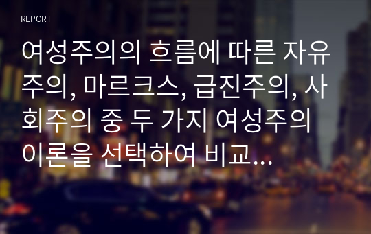 여성주의의 흐름에 따른 자유주의, 마르크스, 급진주의, 사회주의 중 두 가지 여성주의 이론을 선택하여 비교하여 보시오