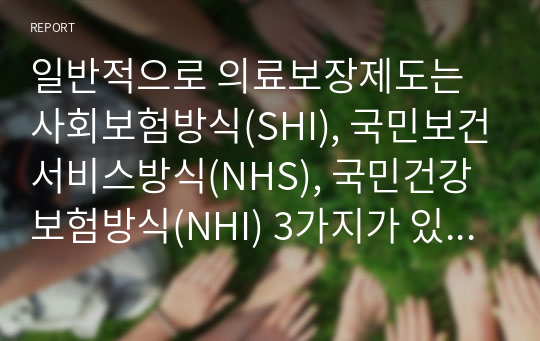 일반적으로 의료보장제도는 사회보험방식(SHI), 국민보건서비스방식(NHS), 국민건강보험방식(NHI) 3가지가 있다. 각 방식의 특징, 장단점에 대해 작성하세요.