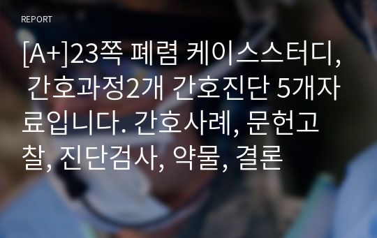 [A+]23쪽 폐렴 케이스스터디, 간호과정2개 간호진단 5개자료입니다. 간호사례, 문헌고찰, 진단검사, 약물, 결론