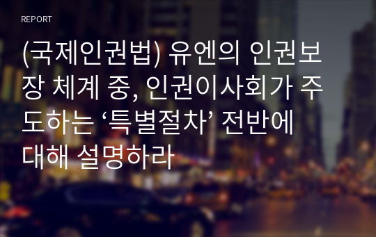 (국제인권법) 유엔의 인권보장 체계 중, 인권이사회가 주도하는 ‘특별절차’ 전반에 대해 설명하라