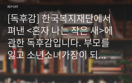 [독후감] 한국복지재단에서 펴낸 &lt;혼자 나는 작은 새&gt;에 관한 독후감입니다. 부모를 잃고 소년소녀가장이 되어 험난한 인생을 헤쳐가는 이야기가 감동적으로 펼쳐집니다.