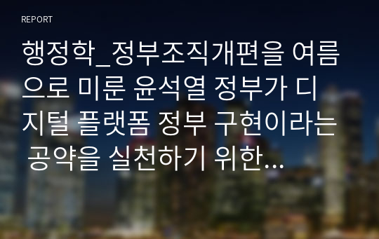 행정학_정부조직개편을 여름으로 미룬 윤석열 정부가 디지털 플랫폼 정부 구현이라는 공약을 실천하기 위한 정부조직개편안에 대해 논하십시오.