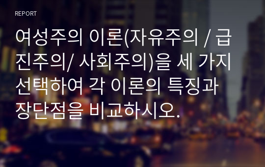 여성주의 이론(자유주의 / 급진주의/ 사회주의)을 세 가지 선택하여 각 이론의 특징과 장단점을 비교하시오.