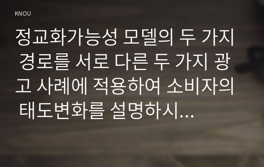 정교화가능성 모델의 두 가지 경로를 서로 다른 두 가지 광고 사례에 적용하여 소비자의 태도변화를 설명하시오. 소비자의 충성도에 따른 판매촉진 사례를 2가지 제시하고 각각 어떤 유형의 충성도를 목표로 두고 실행한 것인지와 각 판매촉진의 효과 및 문제점을 예측하여 분석하시오.