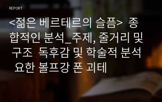 &lt;젊은 베르테르의 슬픔&gt;  종합적인 분석_주제, 줄거리 및 구조  독후감 및 학술적 분석  요한 볼프강 폰 괴테