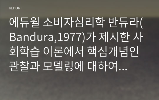 에듀윌 소비자심리학 반듀라(Bandura,1977)가 제시한 사회학습 이론에서 핵심개념인 관찰과 모델링에 대하여 설명하세요. 그리고 모델링이 사용된 광고(공익광고 또는 상업광고)나 마케팅 사례를 제시하고 본인의 의견 및 개선점을 기술하세요. 학점은행제