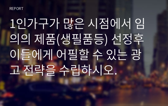 1인가구가 많은 시점에서 임의의 제품(생필품등) 선정후 이들에게 어필할 수 있는 광고 전략을 수립하시오.