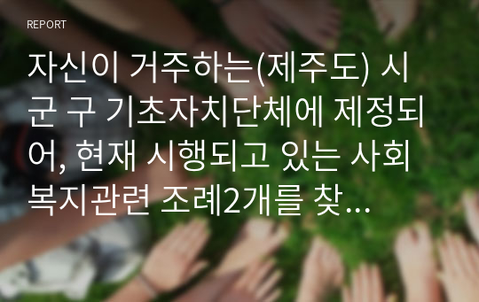 자신이 거주하는(제주도) 시 군 구 기초자치단체에 제정되어, 현재 시행되고 있는 사회복지관련 조례2개를 찾은 후 찾은 조례의 제정 목적 및 조례 내용을 간략하게 요약 기술하고, 각 조례의 문제점과 개선방안 등에 대한 자신의 생각을 논하시오.