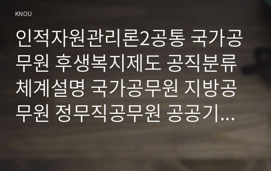 인적자원관리론2공통 국가공무원 후생복지제도 공직분류체계설명 국가공무원 지방공무원 정무직공무원 공공기관직원 유사점과 차이점 비교설명하시오00  행정학과 인적자원관리론2공통