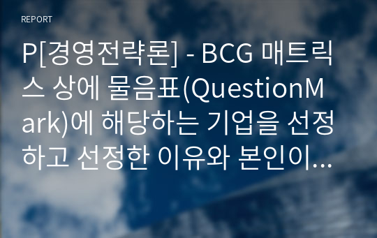 P[경영전략론] - BCG 매트릭스 상에 물음표(QuestionMark)에 해당하는 기업을 선정하고 선정한 이유와 본인이 생각하는 전략대안을 서술하시오