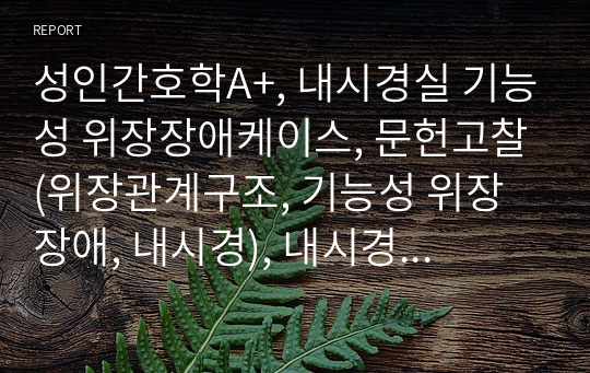 성인간호학A+, 내시경실 기능성 위장장애케이스, 문헌고찰(위장관계구조, 기능성 위장장애, 내시경), 내시경 시술 중, 후 간호과정, 흡인의 위험, 급성통증, 낙상의 위험 간호사정, 간호진단, 간호계획, 간호평가