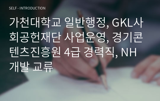 가천대학교 일반행정, GKL사회공헌재단 사업운영, 경기콘텐츠진흥원 4급 경력직, NH개발 교류