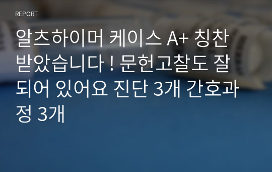 알츠하이머 케이스 A+ 칭찬 받았습니다 ! 문헌고찰도 잘 되어 있어요 진단 3개 간호과정 3개