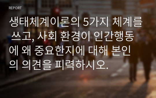 생태체계이론의 5가지 체계를 쓰고, 사회 환경이 인간행동에 왜 중요한지에 대해 본인의 의견을 피력하시오.