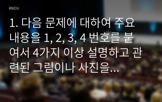 1. 다음 문제에 대하여 주요 내용을 1, 2, 3, 4 번호를 붙여서 4가지 이상 설명하고 관련된 그림이나 사진을 설명문 본문에 한 장씩만 덧붙인다(1번 과제 그림 총 3장). 단, 1번 과제 전체분량은 A4 용지 1페이지 이상 3페이지 이내이다.