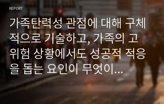 가족탄력성 관점에 대해 구체적으로 기술하고, 가족의 고위험 상황에서도 성공적 적응을 돕는 요인이 무엇이 있다고 생각하는지 기술하세요. 또한, 가족탄력성 관점과 성공적 적응을 돕는 요인에 대한 느낀 점을 기술하세요.