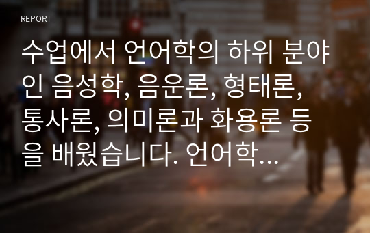 수업에서 언어학의 하위 분야인 음성학, 음운론, 형태론, 통사론, 의미론과 화용론 등을 배웠습니다. 언어학의 하위 분야에