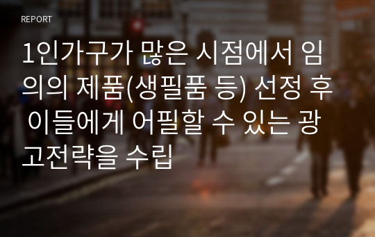 1인가구가 많은 시점에서 임의의 제품(생필품 등) 선정 후 이들에게 어필할 수 있는 광고전략을 수립