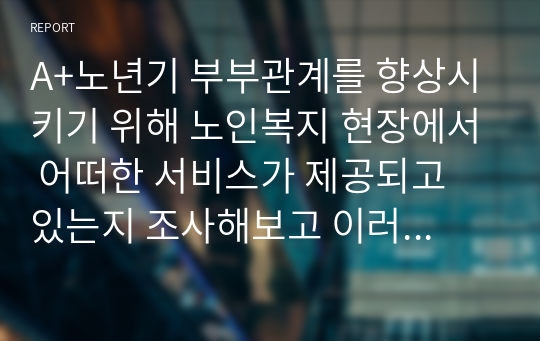 A+노년기 부부관계를 향상시키기 위해 노인복지 현장에서 어떠한 서비스가 제공되고 있는지 조사해보고 이러한 서비스의 문제점과 개선방안에 대한 자신의 의견을 쓰시오