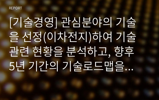 [기술경영] 관심분야의 기술을 선정(이차전지)하여 기술관련 현황을 분석하고, 향후 5년 기간의 기술로드맵을 작성하시오.