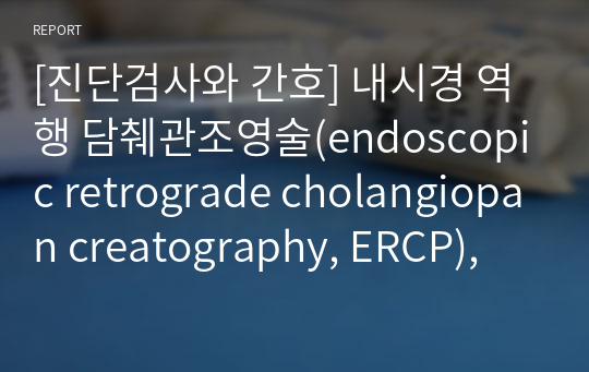 [진단검사와 간호] 내시경 역행 담췌관조영술(endoscopic retrograde cholangiopan creatography, ERCP), 검사 과정과 간호문제 해결 과정 [레포트, ERCP, 검사, 진단검사, 간호]