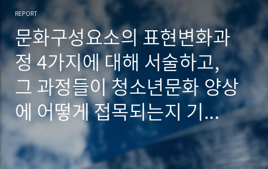 문화구성요소의 표현변화과정 4가지에 대해 서술하고, 그 과정들이 청소년문화 양상에 어떻게 접목되는지 기술하시오.