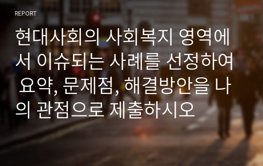 현대사회의 사회복지 영역에서 이슈되는 사례를 선정하여 요약, 문제점, 해결방안을 나의 관점으로 제출하시오