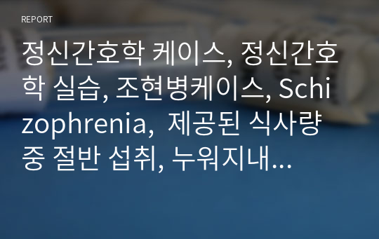 정신간호학 케이스, 정신간호학 실습, 조현병케이스, Schizophrenia,  제공된 식사량 중 절반 섭취, 누워지내는 행동 및 외부음식 섭취와 관련된 영양 불균형